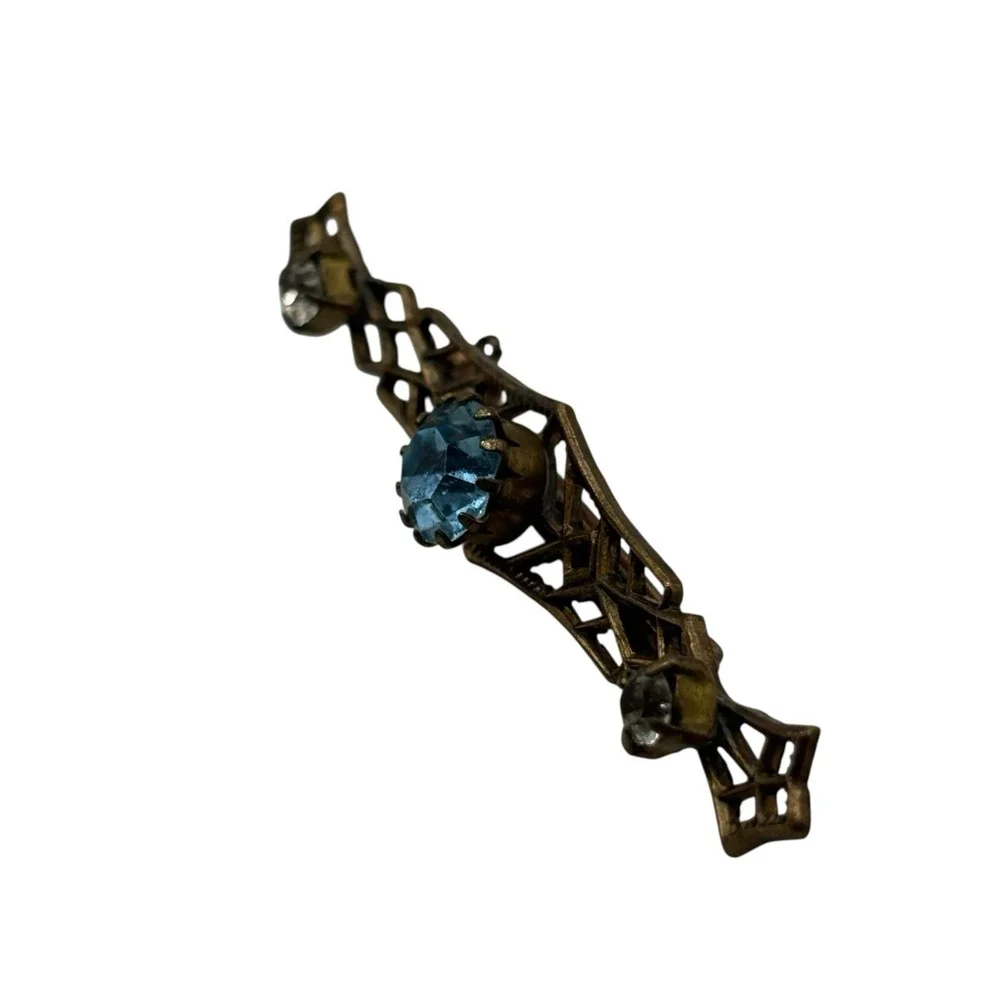 Vintage Bar Brooch Blue Rhinestones Filigree Open Work Ornate Gold Tone Art Deco